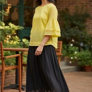 Yellow Eyelet Bell Sleeve Blouse – Feminine Boho Chic Top for Women (Small)